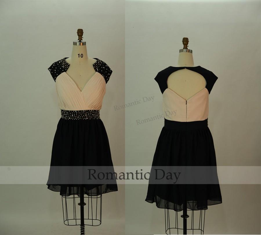 Hochzeit - Elegant navy Rhinestones v-neck Chiffon homecoming dress/short bridesmaid dresses/Short Prom Dress/Little Black Dresses 0187
