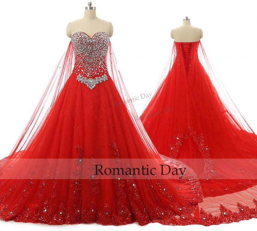 Princess Red Ball Gown Wedding Dress Bling Sweetheart Bridal ...