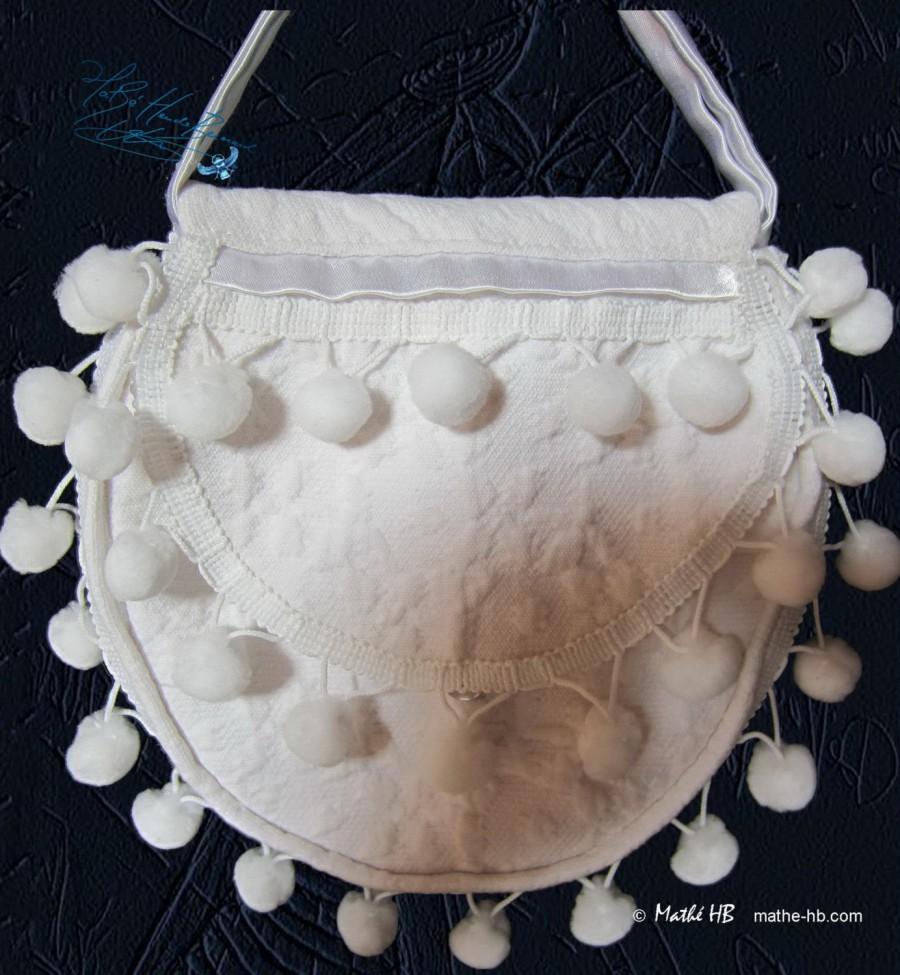 Mariage - handbag, embroidery white cotton, pompoms pocket bag wrist, woman love ceremony wedding, festival evening cocktail in city and countryside
