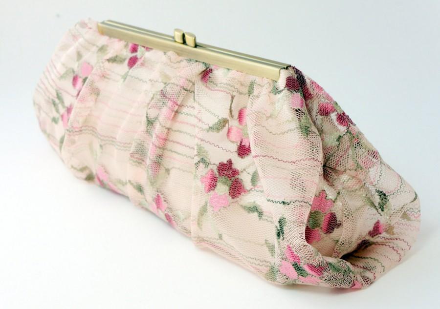 Wedding - Champagne Pink Floral Lace Clutch Handbag - Vintage Inspired - Bridal/Wedding/Bridesmaid/Evening Purse - Includes Chain - Made to Order!