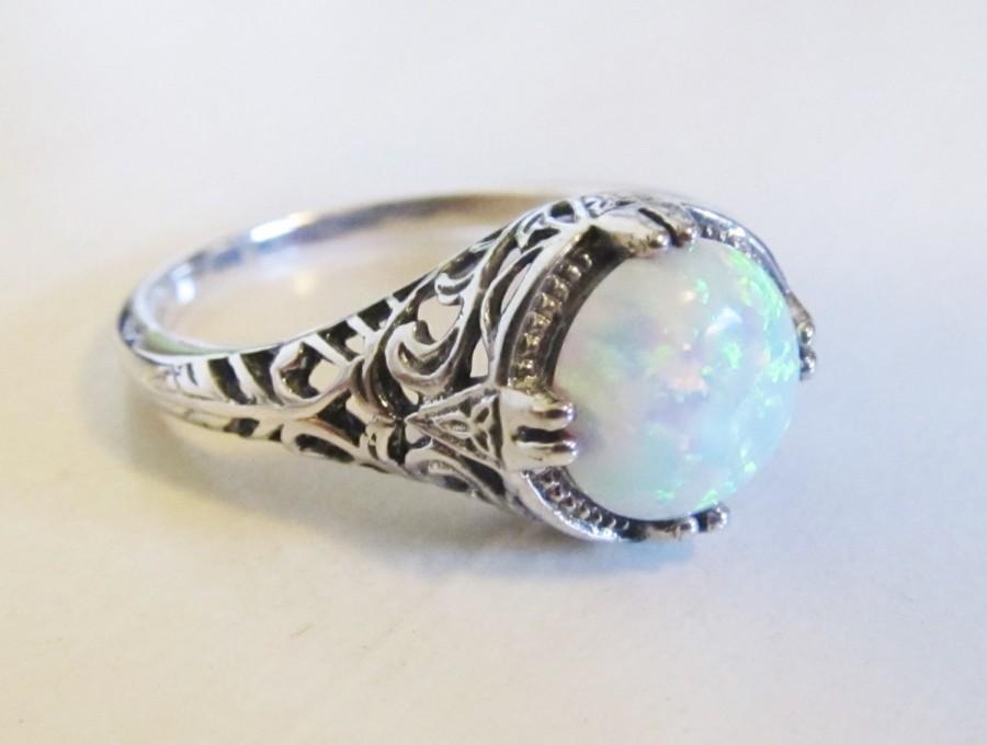 Wedding - Opal Engagement Ring Sterling Silver Rhodium Filigree/ Antique Vintage Victorian Art Deco Style