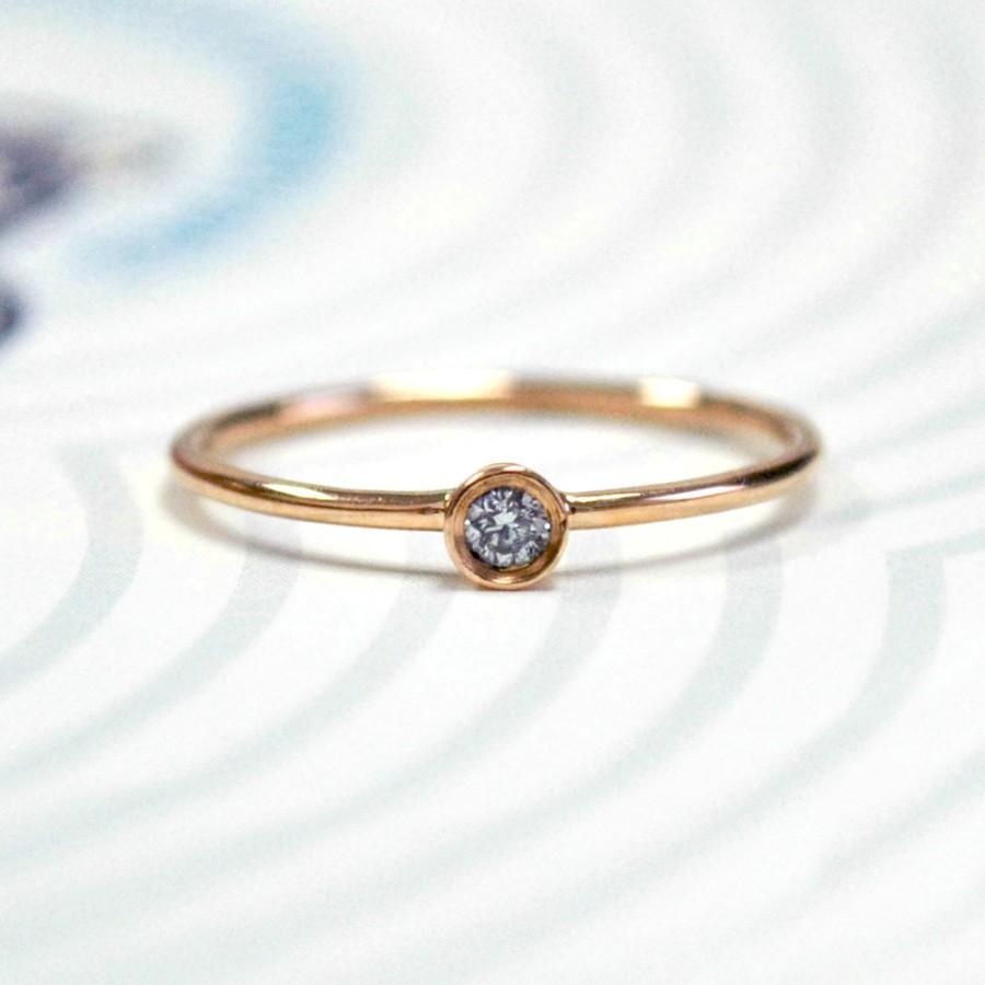 Wedding - 0.04 Cts Round Baby Diamond 14K Rose Gold Engagement Ring. Bezel Set Baby Diamond. Dainty Wedding Bridesmaid Rings Set. Giftbox CUSTOM Tags