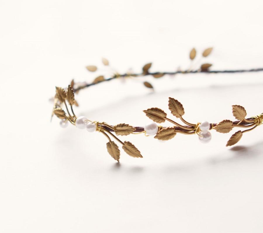 Mariage - Leaf pearl headpiece, Bridal hair crown, Metal leaf headpiece, Woodland wedding circlet (GOLD or SILVER) golden leaf crown, silver headpiece