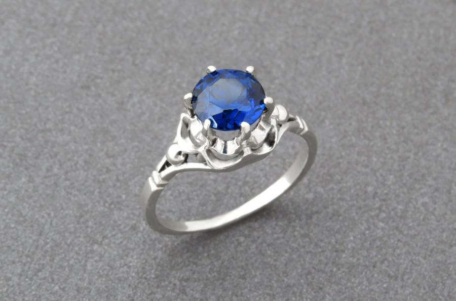 Wedding - Unique engagement ring, blue sapphire engagement ring, Antique style, Vintage style engagement ring, 14k solid gold ring with blue sapphire.