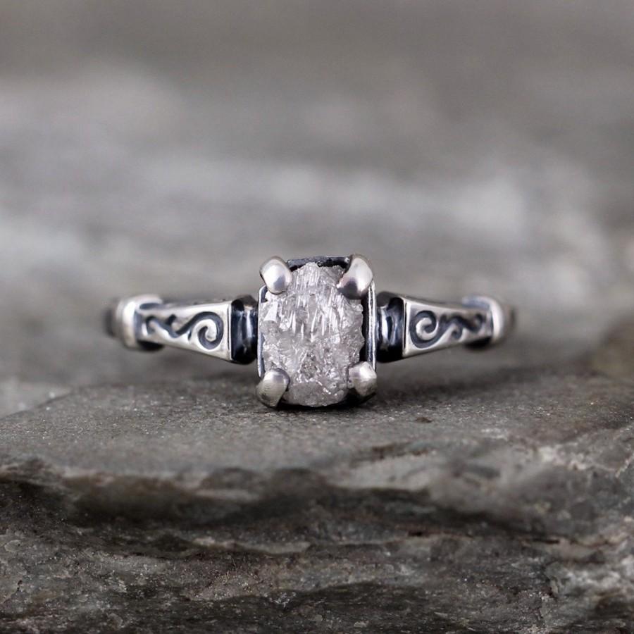 Wedding - Raw Diamond Engagement Ring - Art Deco Inspired Sterling Silver Rings -Conflict Free Rough Diamond Ring - Made in Canada - Anniversary Rings