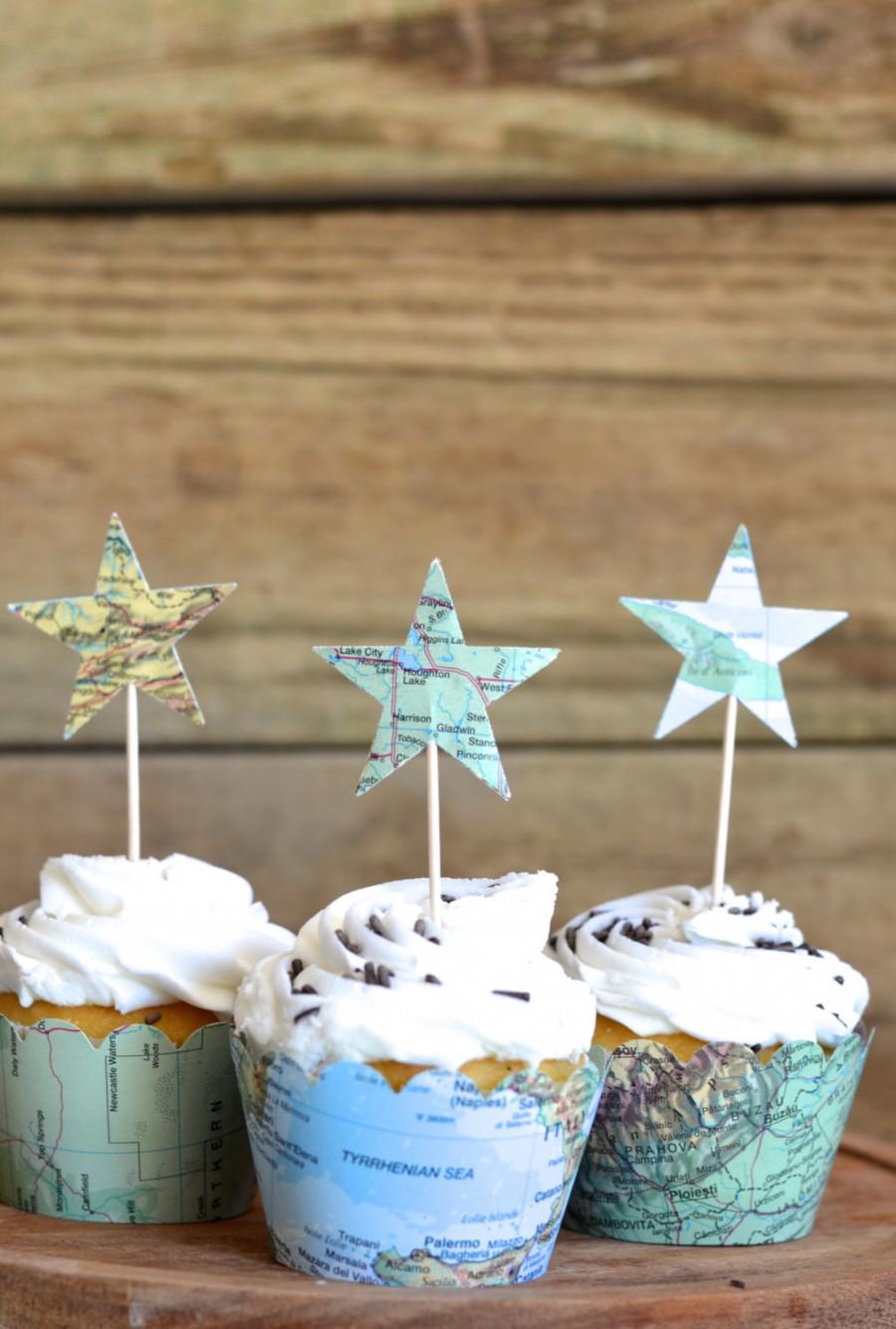 Mariage - Vintage Map Star Cupcake Toppers