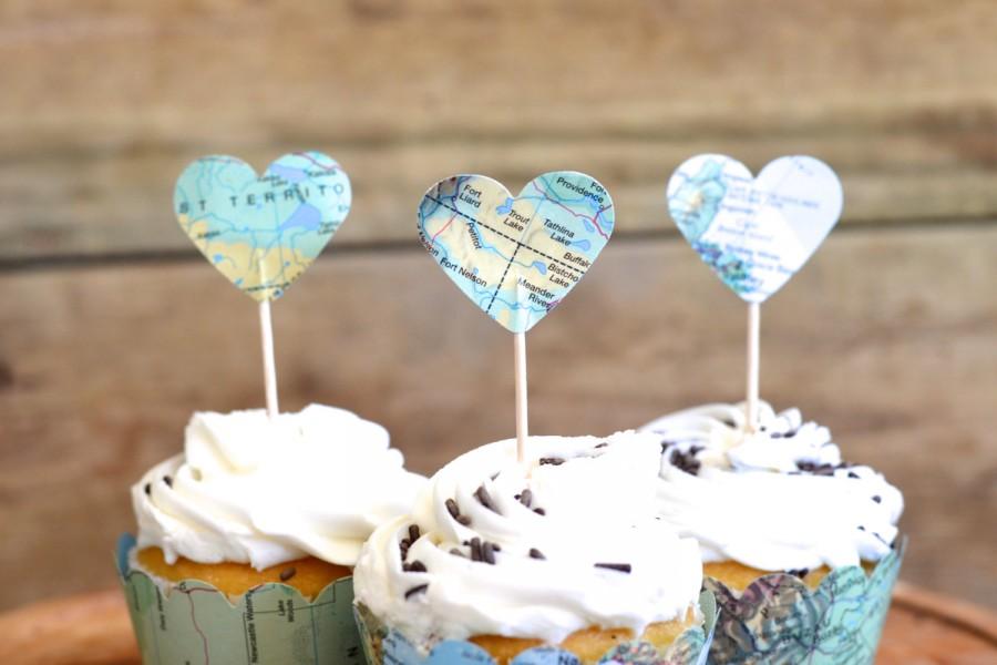 Wedding - Vintage Map Heart Cupcake Toppers