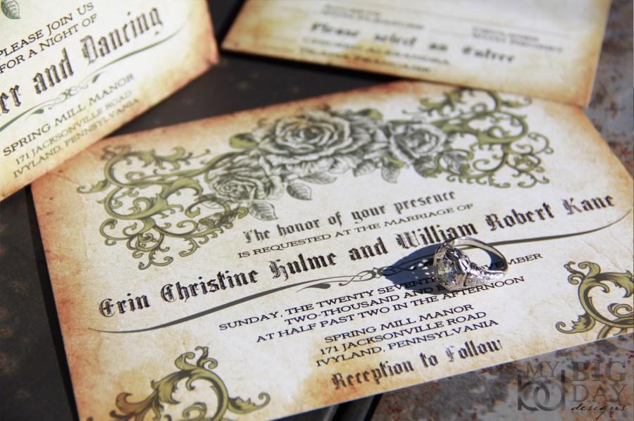 Hochzeit - Vintage Romantic Rose wedding invitations. Antique Parchment wedding invitations. Vintage rose design wedding invitations
