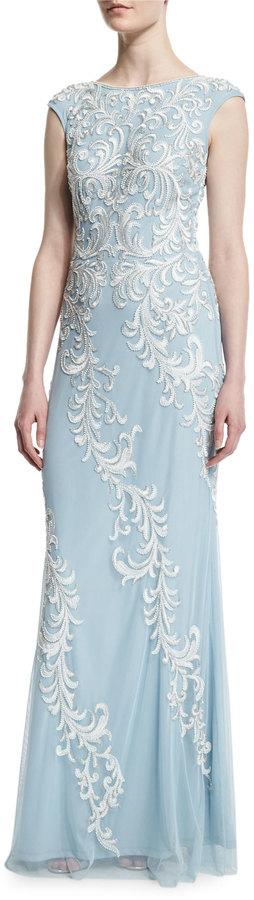 Mariage - Aidan Mattox Cap-Sleeve Embroidered-Overlay Gown, Mist