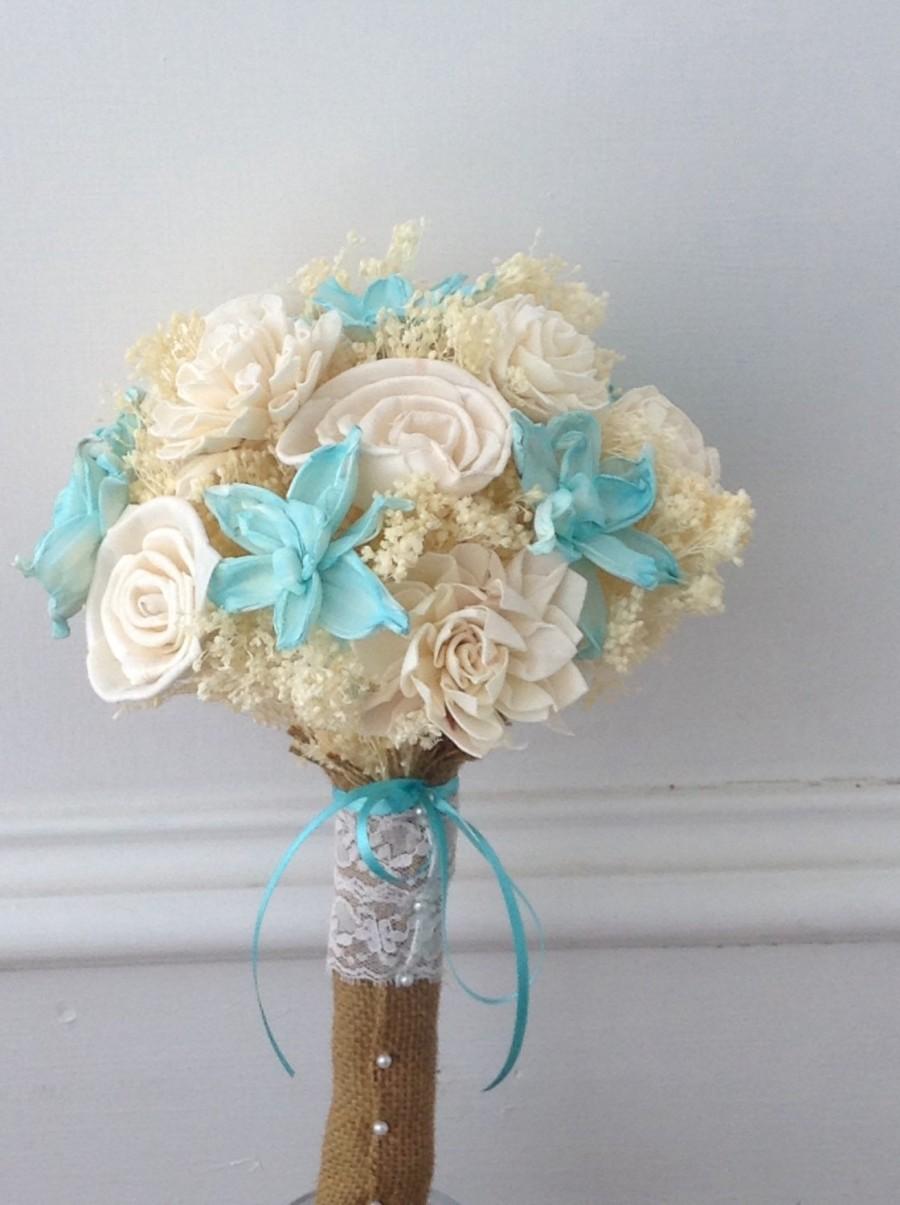 Mariage - Robin Egg blue sola wood bridal bouquet aqua cream flower floral babys breath custom burlap rustic beach theme wedding bridal bridesmaid