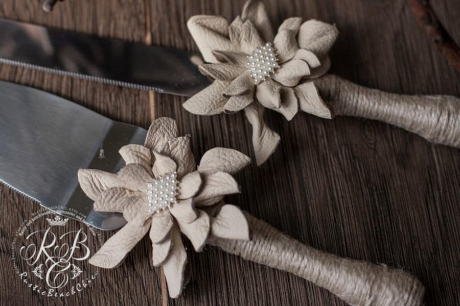 زفاف - IVORY Rustic Wedding Cake Server and Knife Set - flowers of leather.