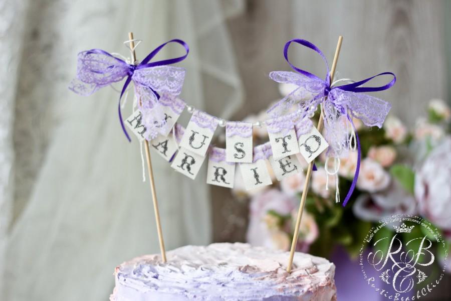 Hochzeit - Purple SMALL Lace Just Married Wedding Cake Topper Banner with pearls