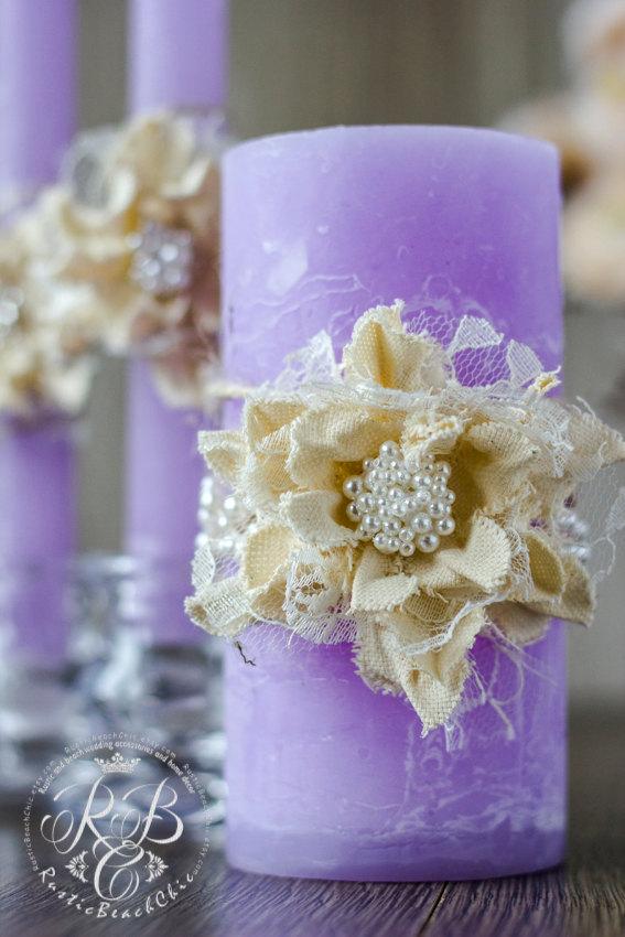 Hochzeit - Rustic  Unity candleslight lavenderRustic Chic Weddingwith ropewhite lacepearlhandmade flowerivory gray burlapvintage3 pcs