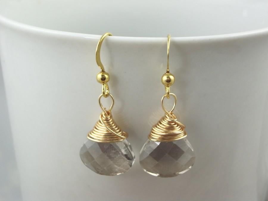 زفاف - smokey grey earrings, teardrop crystal jewerly,  gold wire wrapped earrings,  drop dangle ,   wholesale clearance
