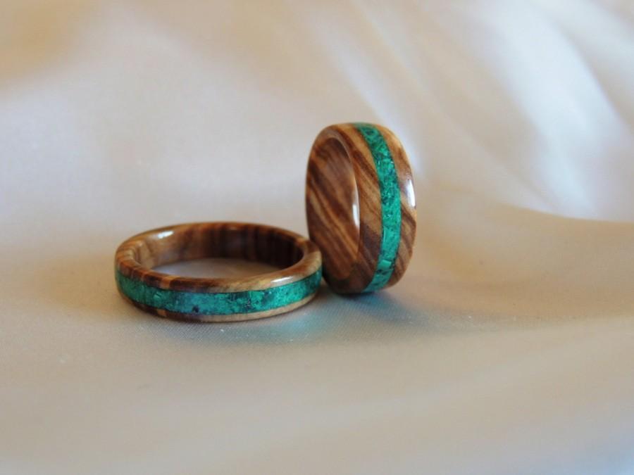 Wedding - Olive wood Ring Set, Wood Wedding Bands, Malachite inlay,