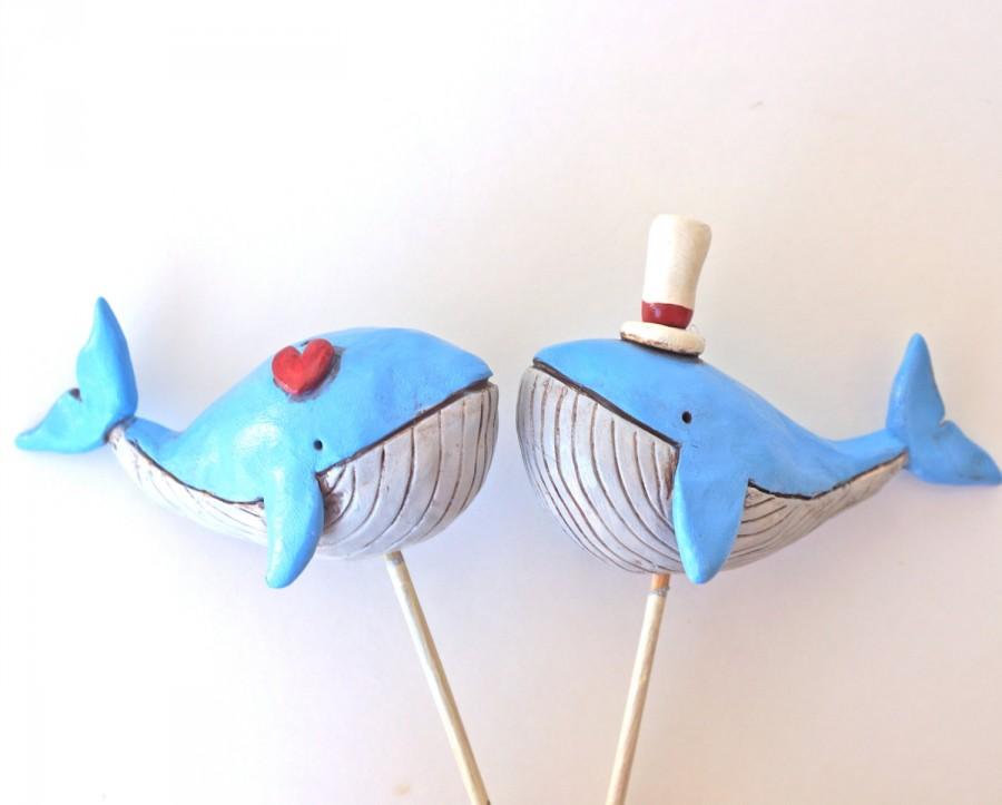 Свадьба - Nautical Whales in Love wedding cake topper for your beach wedding