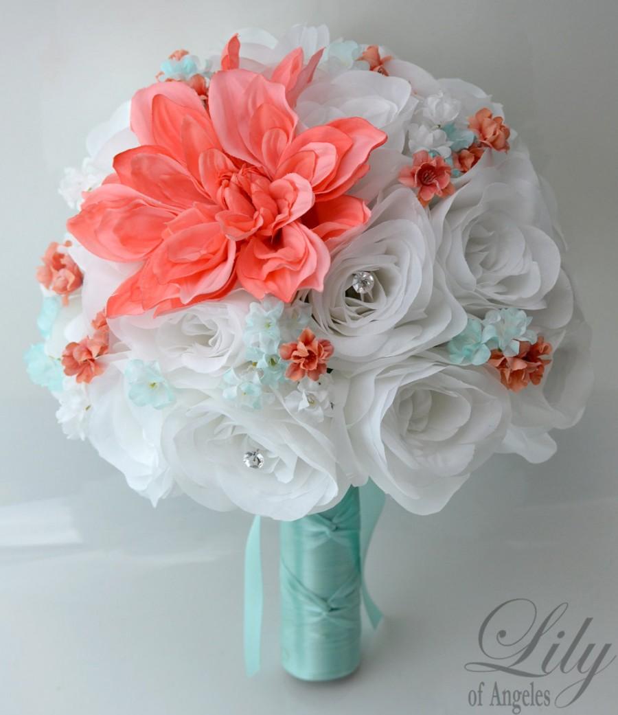 Mariage - Wedding Bridal Bouquets 17 Piece Package Bride Bridesmaid Bouquet Boutonniere Silk Flower CORAL GUAVA Robin's Egg BLUE "Lily of Angeles"