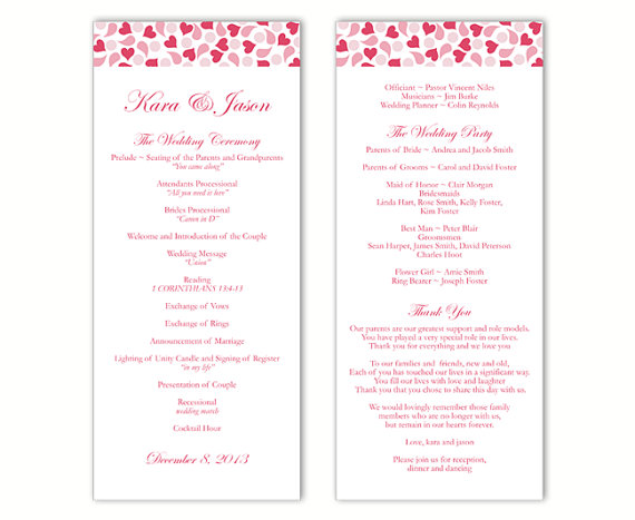 Mariage - Wedding Program Template DIY Editable Word File Instant Download Program Pink Wedding Program Heart Program Red Printable Program 4x9.25