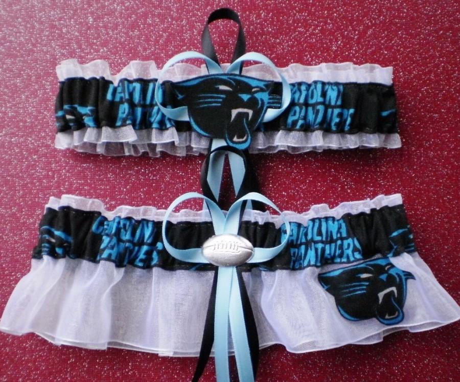 زفاف - Carolina Panthers Fabric Logo  Wedding Garter Set Prom  Football Charm White Organza