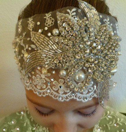 Hochzeit - Gatsby Bridal Headpiece.. Crystal And Pearl Wedding Headpiece .. 1920s Inspired.. Lace And Pearls .. Swarovski.. Free Postage Worldwide