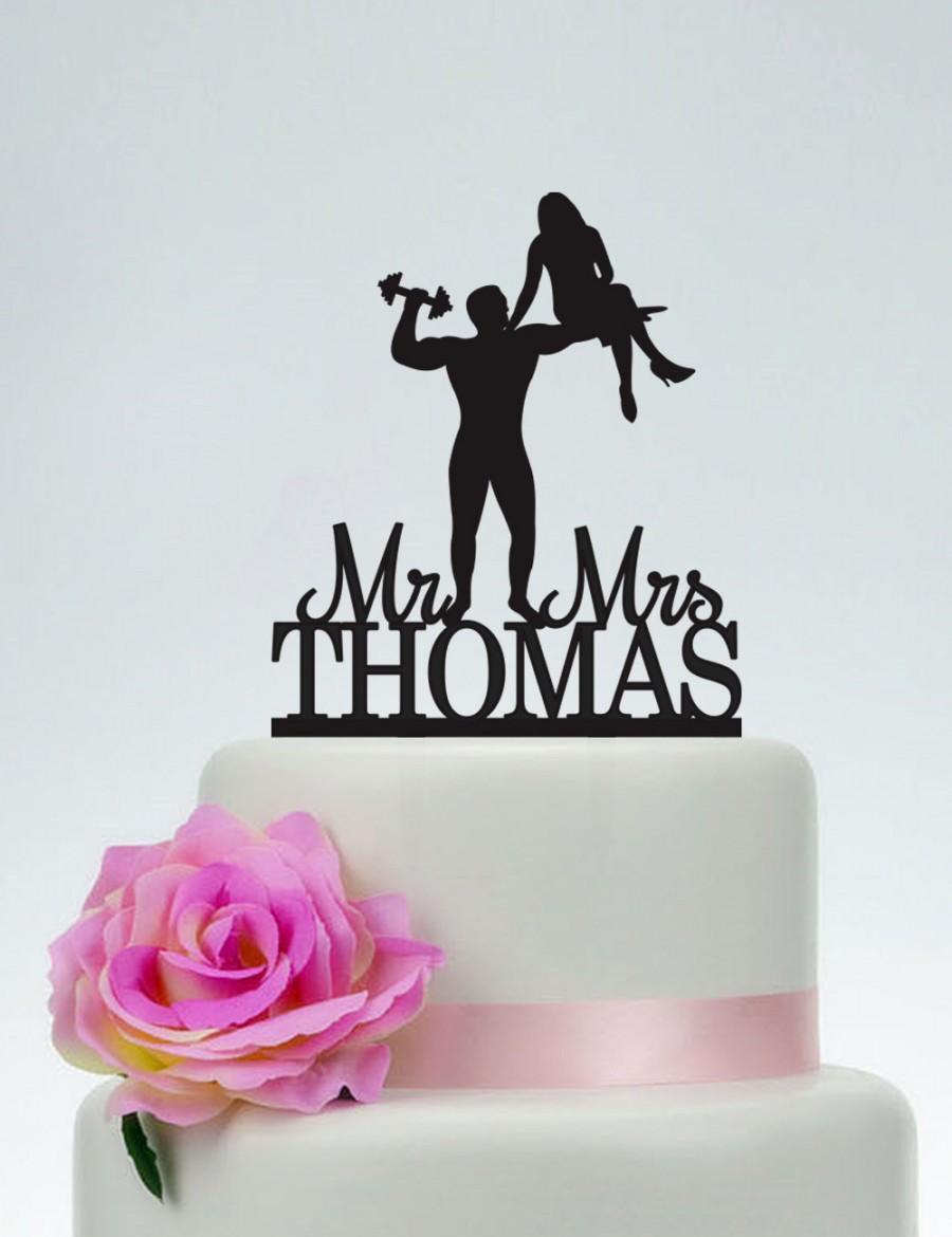 Hochzeit - Muscle Man And Beauty Silhouette,Wedding Cake Topper,Custom Cake Topper With Surname,Mr And Mrs Cake Topper,Bride And Groom Topper C102