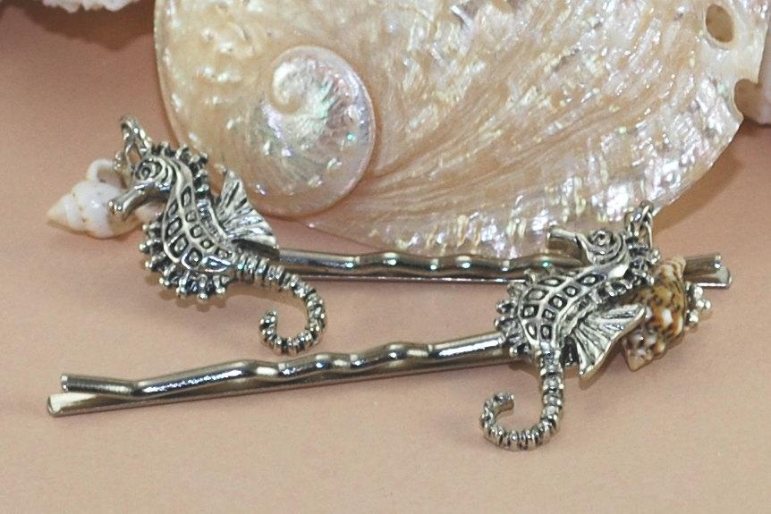 Hochzeit - Beach Wedding Hair Accessories~Silver Seahorse Hair Pins~Fashion Accessory Sea Shells~Pearls
