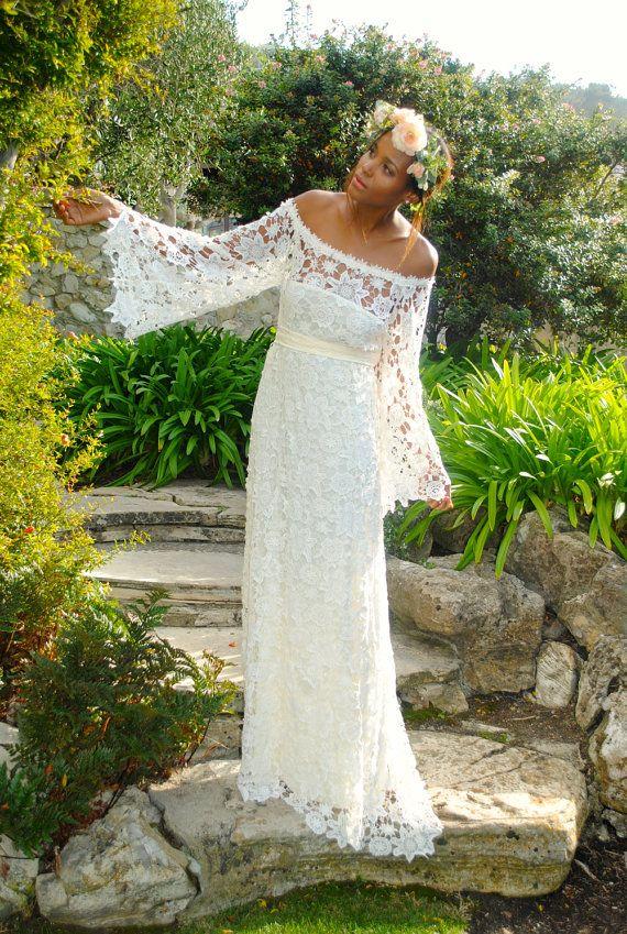 Wedding - Handmade BELL SLEEVE Crochet Lace Bohemian Wedding Dress / Off Shoulder / BOHO Hippie Wedding Long Lace Dress / Vintage Inspired 70s Style