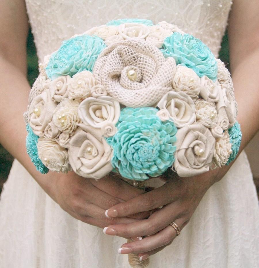 زفاف - Aquamarine Keepsake Bride's Bouquet - Sola Wood Flowers, Fabric Rosettes, Burlap Flowers - Cream, Ivory, Pastel Aqua - Wedding, Handmade