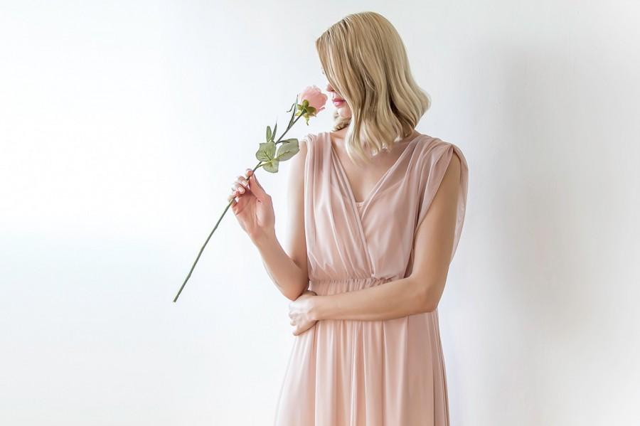 Mariage - Pink blush maxi sheer chiffon gown, Maxi chiffon dress with small sleeves