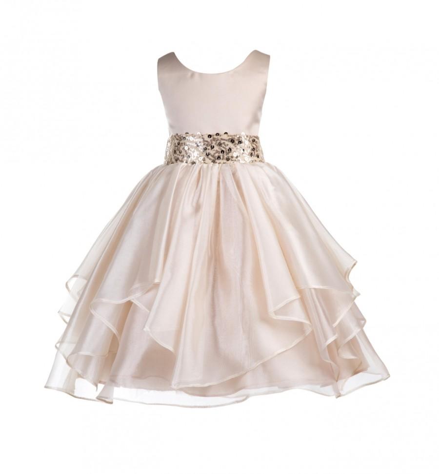 Wedding - Wedding Asymmetric Ruffles Satin Organza champagne Flower girl dress sequin sash bridesmaid toddler receptions gown sizes 4 6 8 10 12 #012