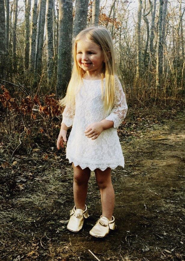 Wedding - Girls white dress. White lace flower girl dress. Country flower girl dress. Toddler dress