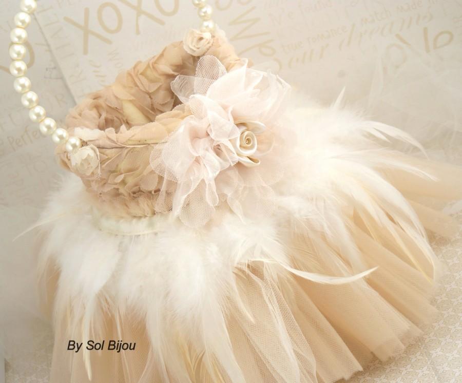 Mariage - Flower Girl Basket, Tutu Basket,Champagne, Cream, Ivory, Pearl, Wedding, Tulle, Feathers, Vintage, Gatsby Wedding, Elegant Wedding