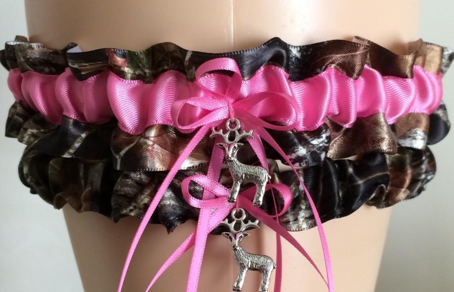 Hochzeit - Mossy Oak Hot Pink Camouflage Wedding Garter Set, Bridal Garter Set, Camo Garter, Keepsake Garter