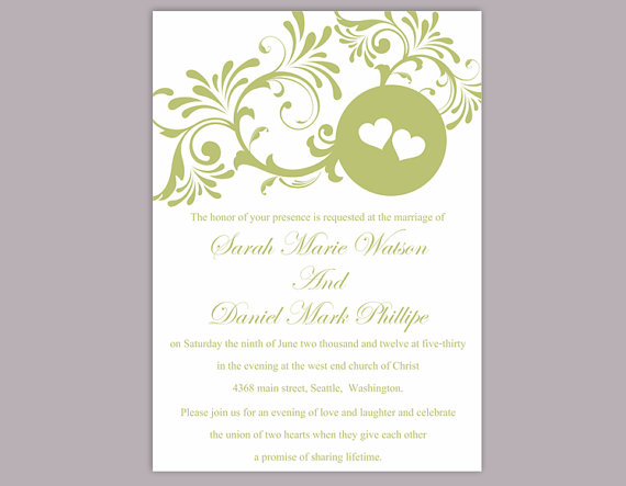 Свадьба - DIY Wedding Invitation Template Editable Word File Instant Download Printable Green Invitation Olive Wedding Invitation Heart Invitation