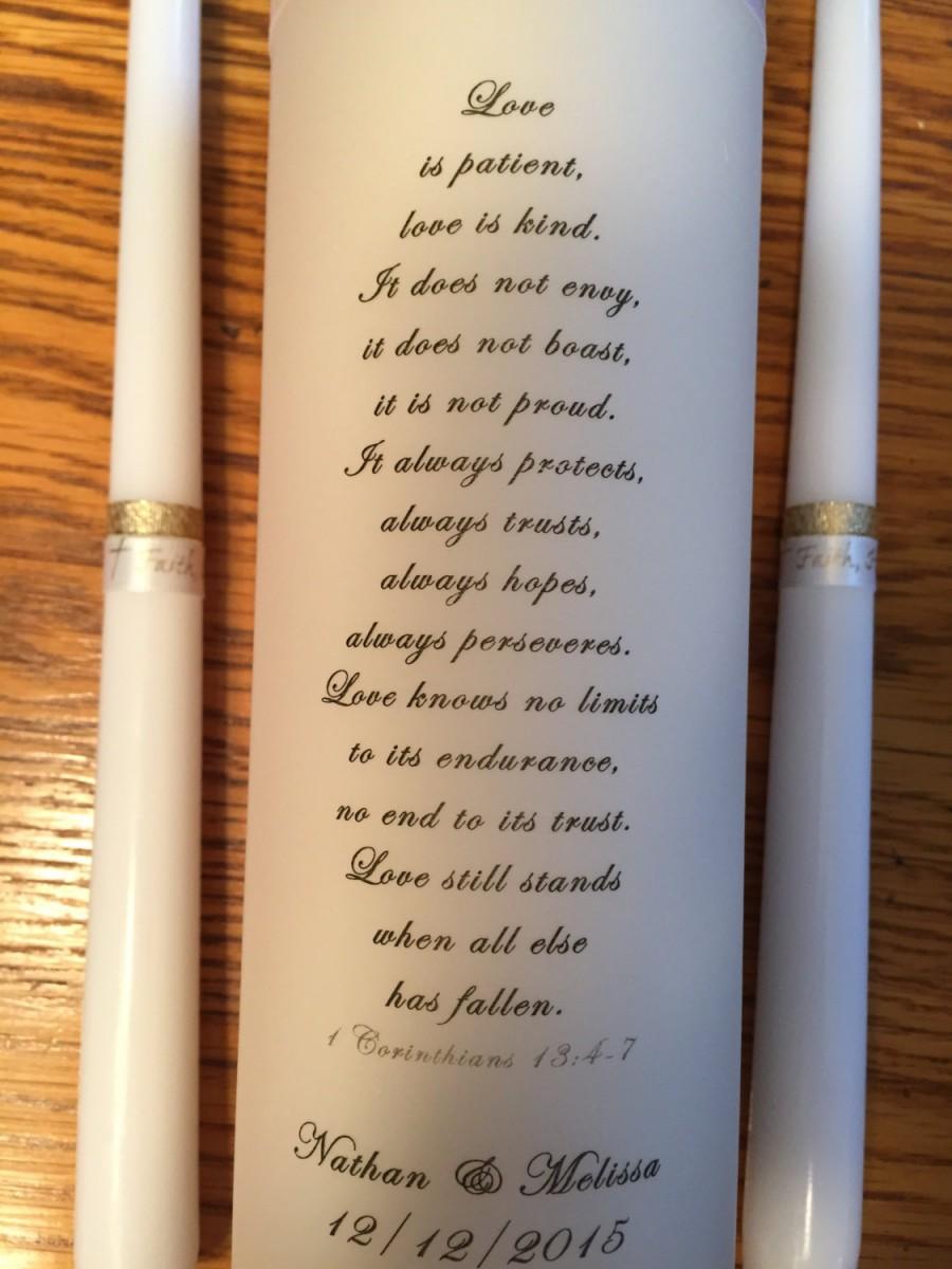 Wedding - Wedding religious unity candle ceremony candle set first Corinthians pillar and tapers gold ribbon ivory candle