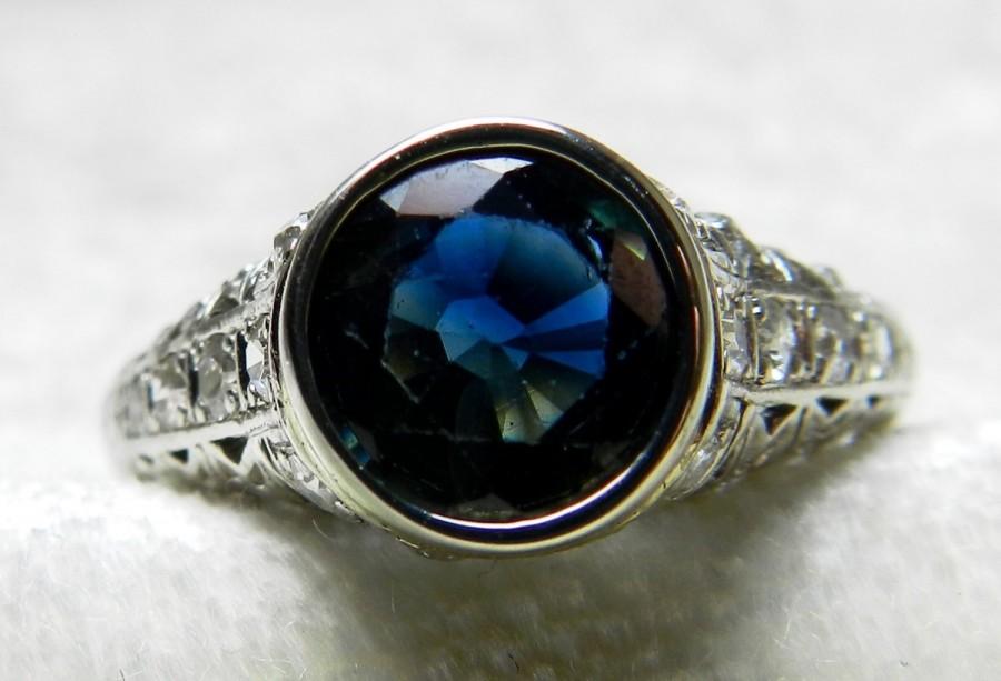 زفاف - 1920's Engagement Ring Platinum Art Deco Ring 1.5ct Natural Sapphire Engagement ring Edwardian setting 0.50 cttw Old European Cut Diamonds