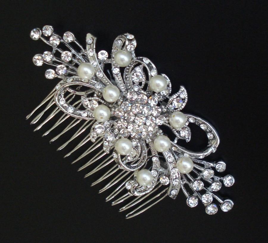 Hochzeit - Vintage Style Bridal Rhinestone Hair Comb with Ivory or White Swarovski Pearls/ or without pearls/ brooch