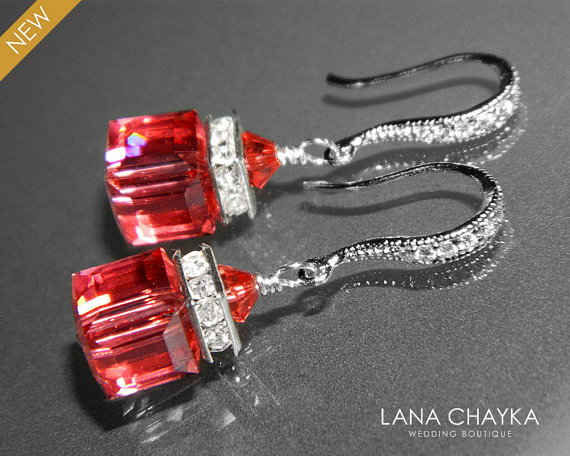 زفاف - Padparadscha Crystal Cube Earrings Pink Orange Crystal Earrings Swarovski Padparadscha Crystal Earrings Dangle Earrings FREE US Shipping