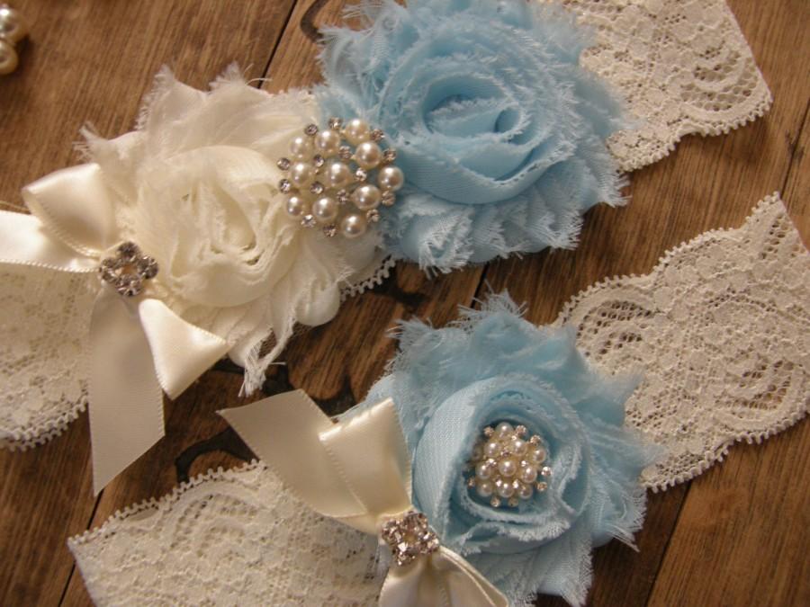 Hochzeit - Something Blue Wedding Garters / Ivory / Light Blue / Vintage Inspired / Bridal Garter Set