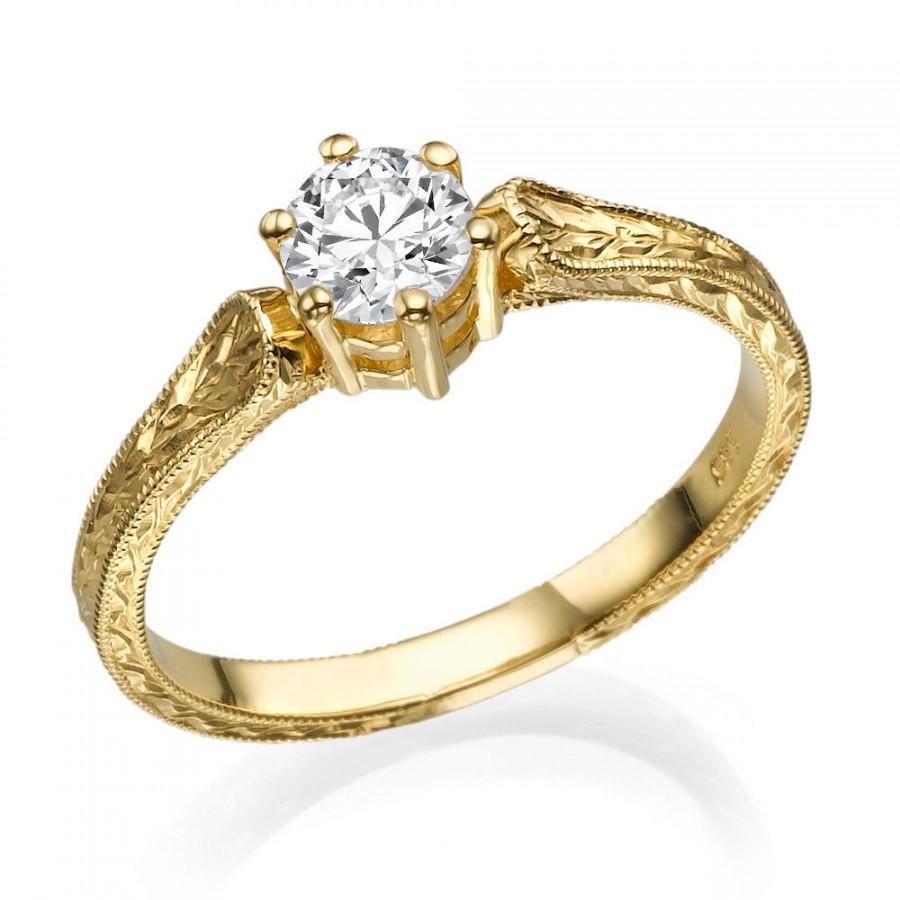 Filigree Engagement Ring, 14K Gold Ring, 1 CT Hand Engraved Ring, Art