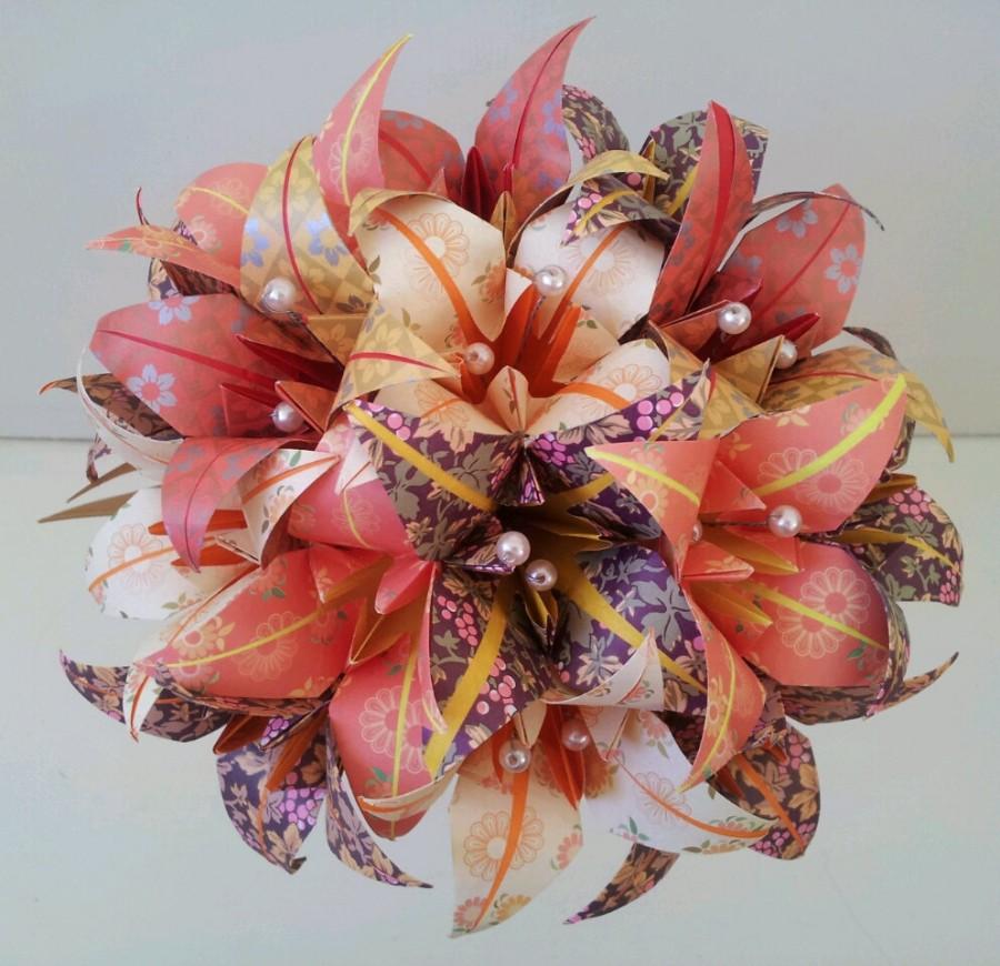 Wedding - Paper Flower Bouquet Wedding / Anniversary / Origami Flowers Lily Burnt Orange Cinder Peach Mother's Day