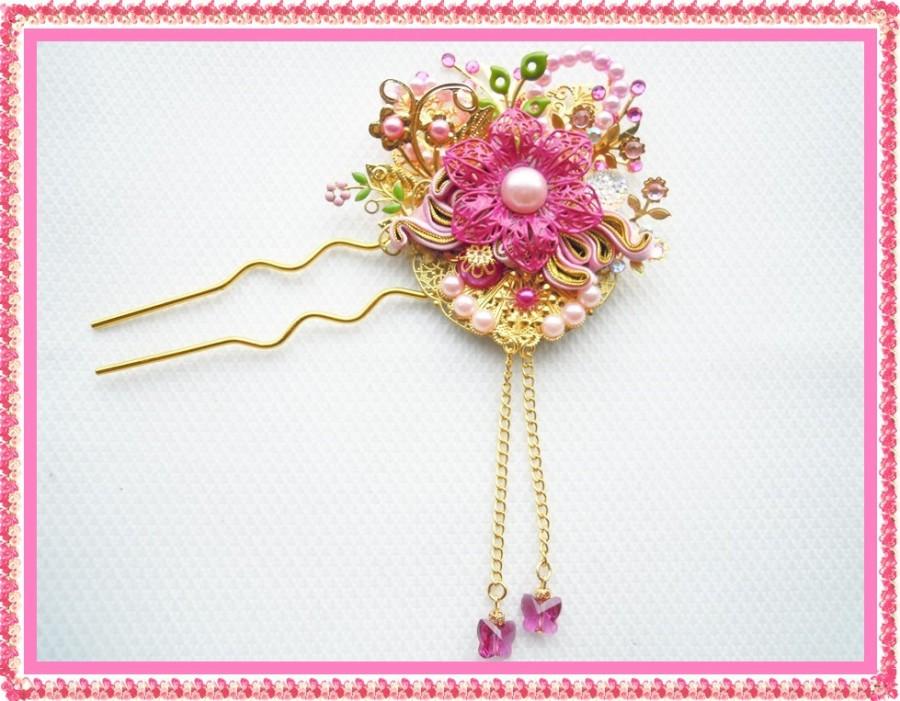زفاف - Chinese wedding hair pins~Bridal shower item~Chinese Bridal Hairpiece with pearl crystal butterflies~Traditional China hair clip for bridal