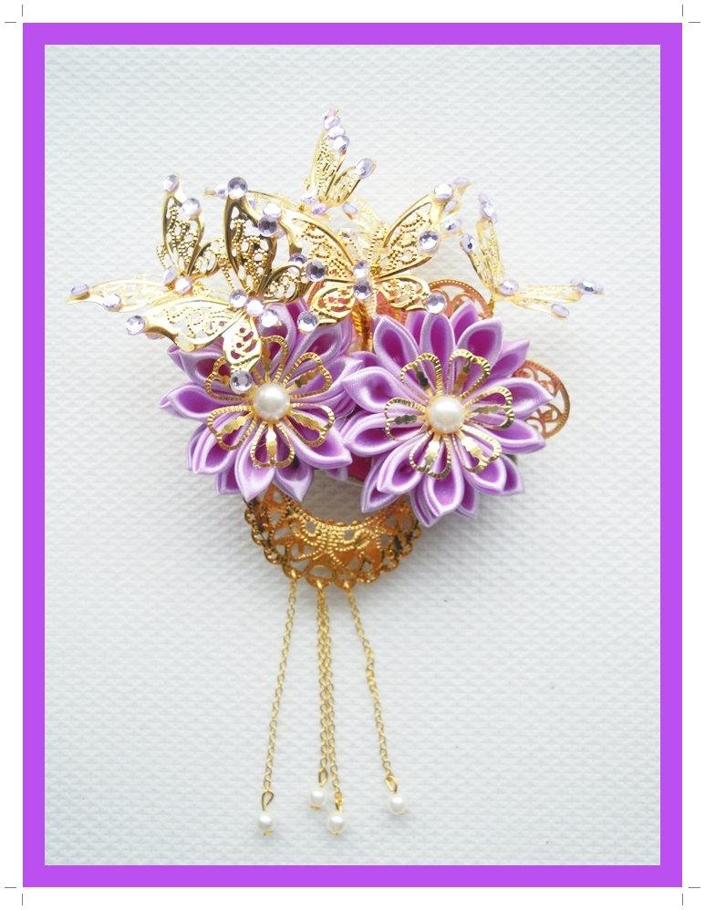 Свадьба - Tsumami Kanzashi flower hair clip~French Lavender wedding~Kanzashi purple satin flower~OOAK handmade headpiece