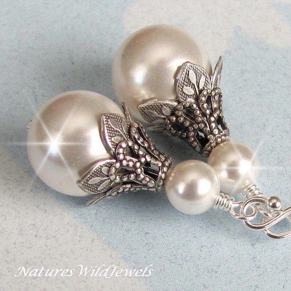 زفاف - Bridal Pearl Earrings, Vintage Style Wedding Earrings, White, Ivory Pearl Wedding Jewelry, Bridal Jewelry Bridesmaids Earrings Antique Style