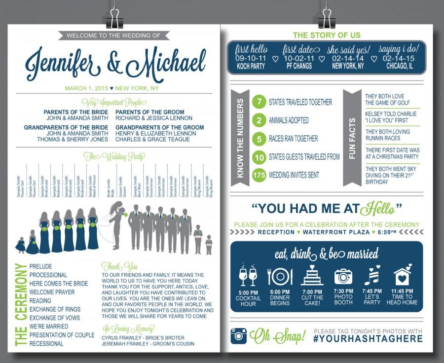 Hochzeit - Info Graphic Wedding Program with silhouettes - Front & Back Vertical Layout, Infographic, 5.5"x8.5", Design 9