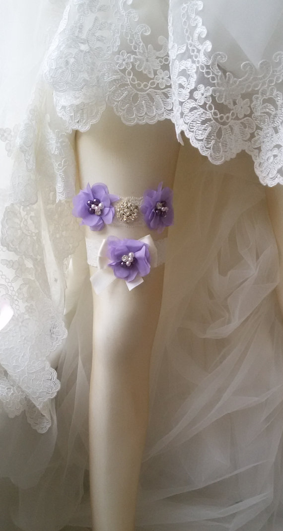 زفاف - Wedding garter, Garters, Wedding accessoaries, Bridal accessoary, Lilac wedding garter, Chiffon Flower Rhinestone Lace Garters