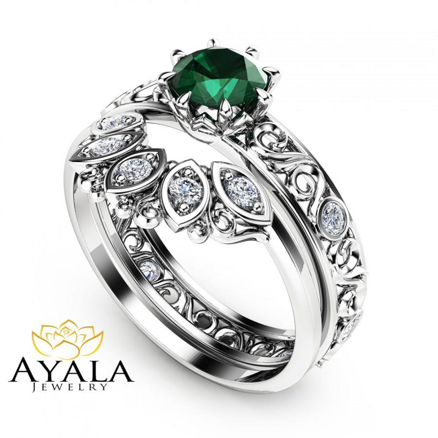 Mariage - 1/2 CT Natural Emerald Engagement Ring Set  14K White Gold Rings Emerald Engagement Rings Choose Your 1/2 CT Gemstone Ring