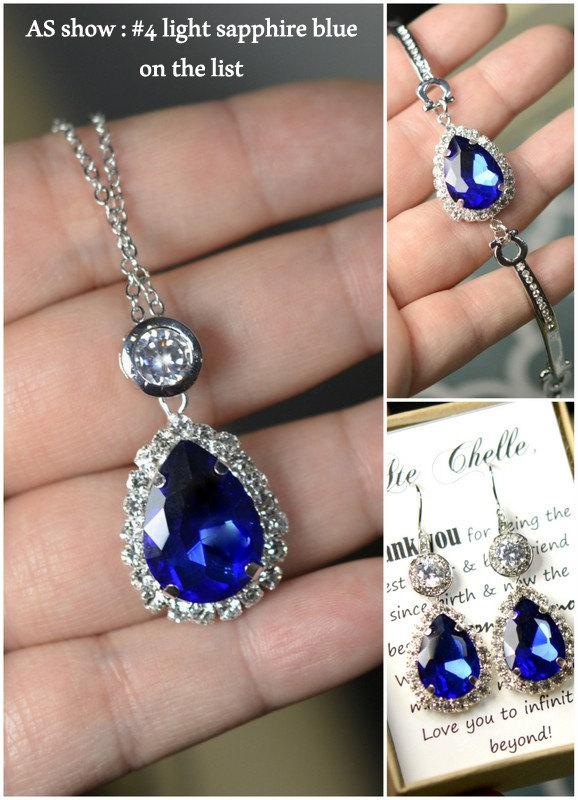 Mariage - Navy blue,sapphire blue Wedding Jewelry Bridesmaid Gift Bridesmaid Jewelry Bridal Jewelry drop Earring set necklace bracelet,bridesmaid gift