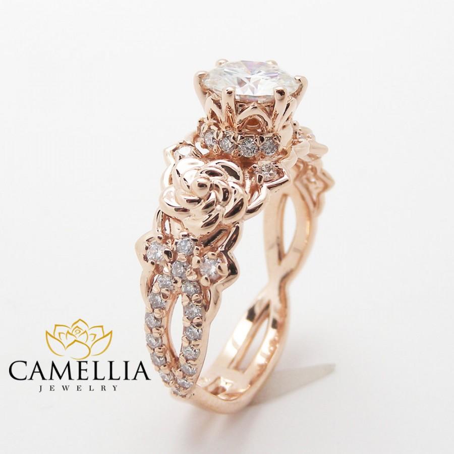 Свадьба - 14K Rose Gold Engagement Ring Round Moissanite Engagement Ring Halo Forever Brilliant Moissanite Ring Diamond Alternative