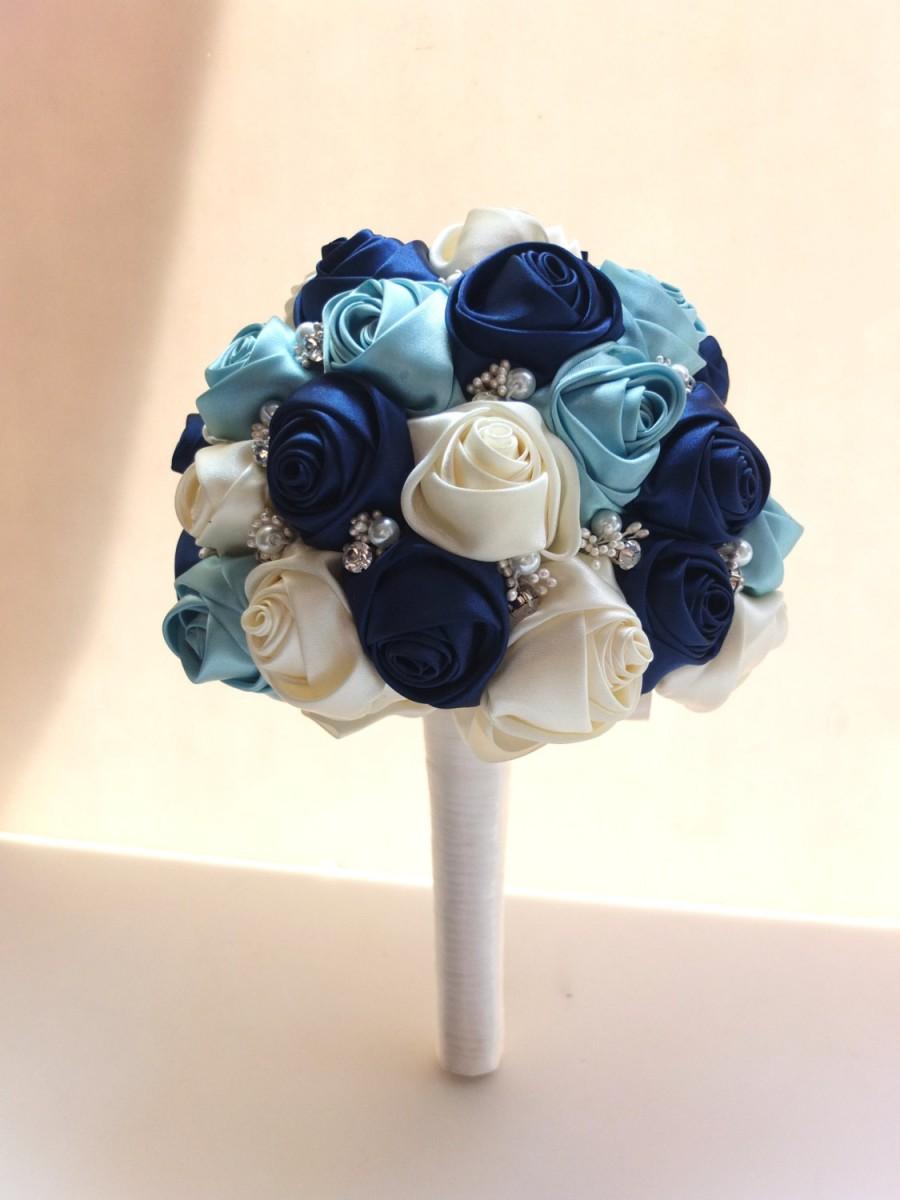 Hochzeit - Handmade Satin Rose Bouquet- Navy, Tiffany Blue & Ivory Flower accented with rhinestone (Large, 9 inch)